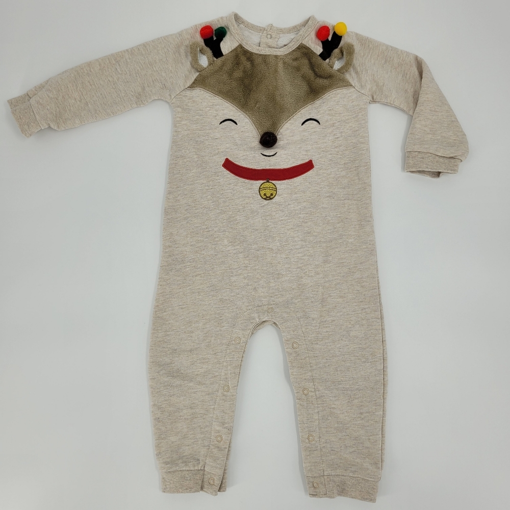 Holiday Time Reindeer Romper Christmas Longsleeve Embroidered Tan Red Size 24mo